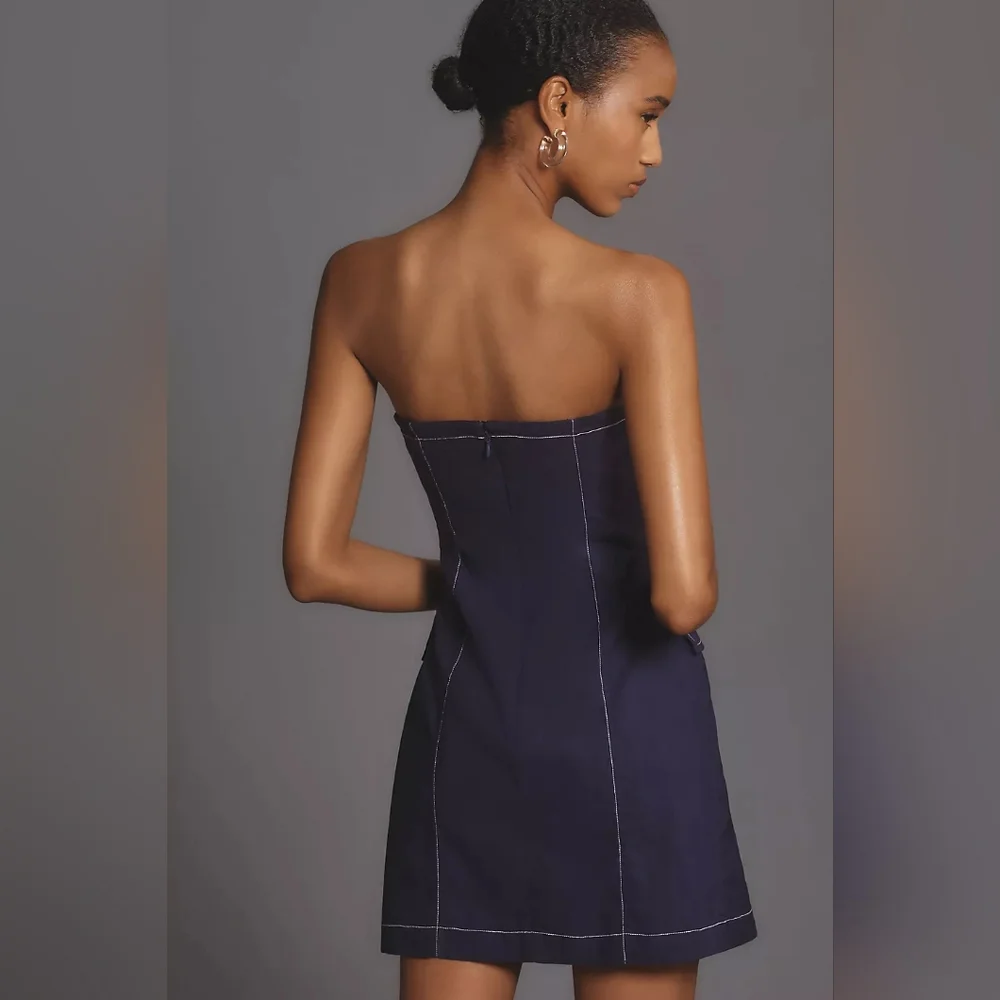 Anthropologie Maeve Strapless Linen Mini Dress Blue Pockets - Picture 3 of 10